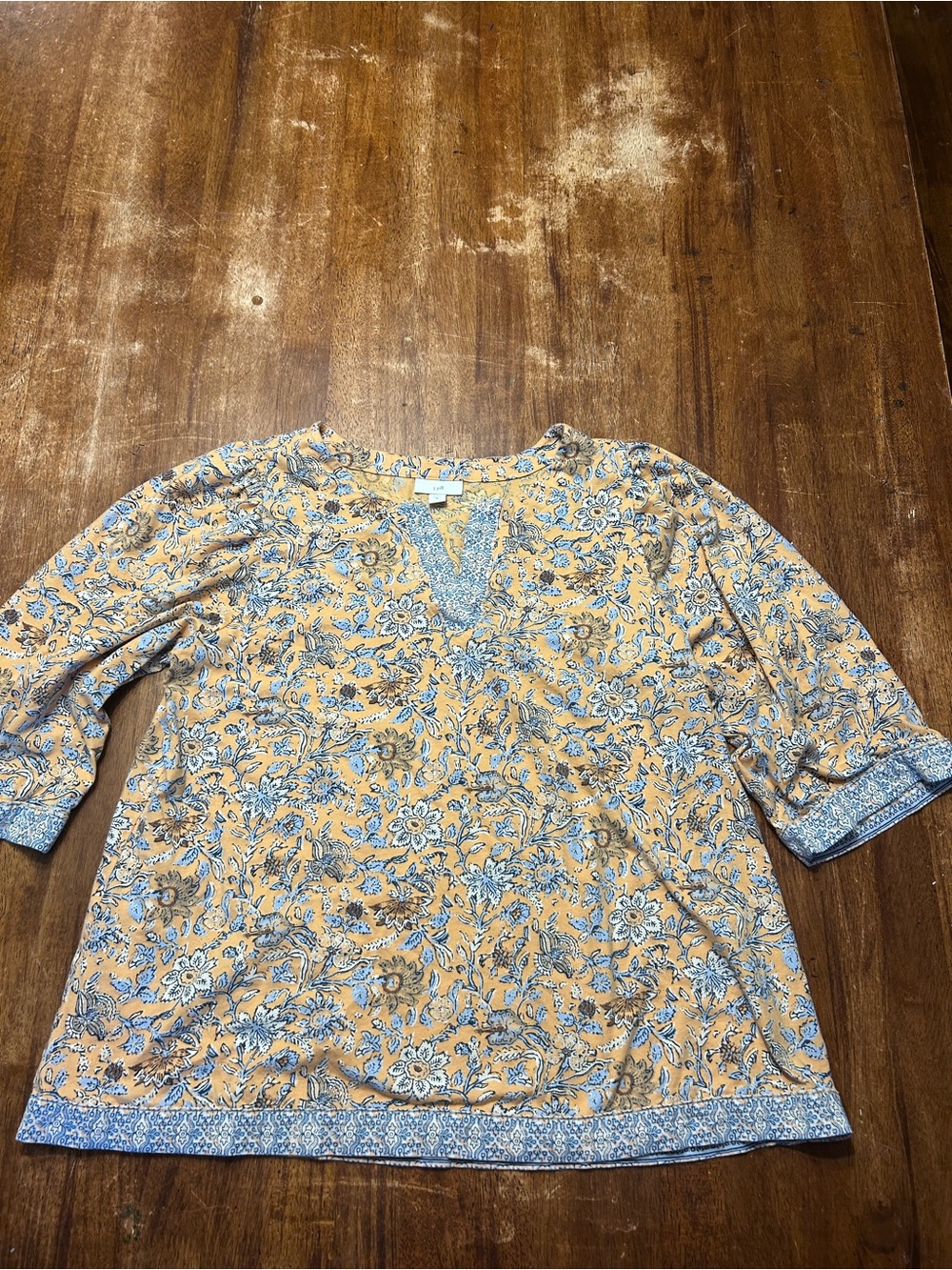 J. Jill Boho Cowgirl Cotton Block Print top yellow blue M